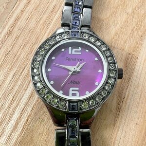 Armitron Now ladies purple dial gray tone watch NEW BATTERY